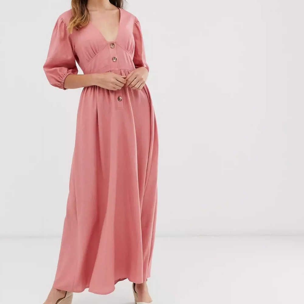 Dusky Pink Button Through Linen Maxi Dress with Cross Back - US 12 - by ASOS